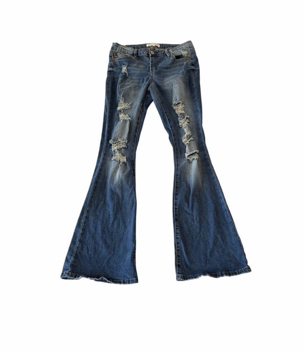 Almost Famous Bootcut Distressed Blue Denim Jeans Button Zip 5-Pocket Women's